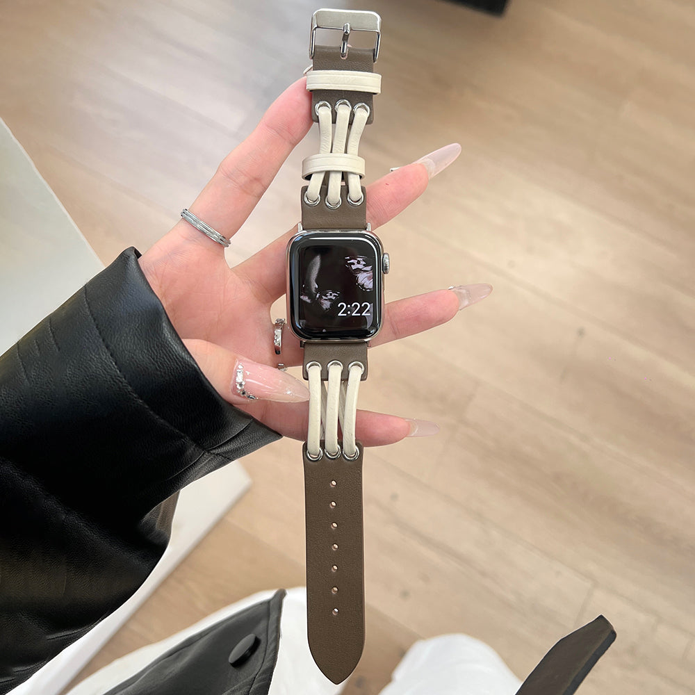 For Apple Watch Series 9 8 7 41mm / 6 5 4 SE (2023) SE (2022) SE 40mm / 3 2 1 38mm Genuine Cow Leather Watch Band - White / Coffee For Apple Watch Series 9 8 7 41mm / 6 5 4 SE (2023) SE (2022) SE 40mm / 3 2 1 38mm Genuine Cow Leather Watch Band - White / Coffee